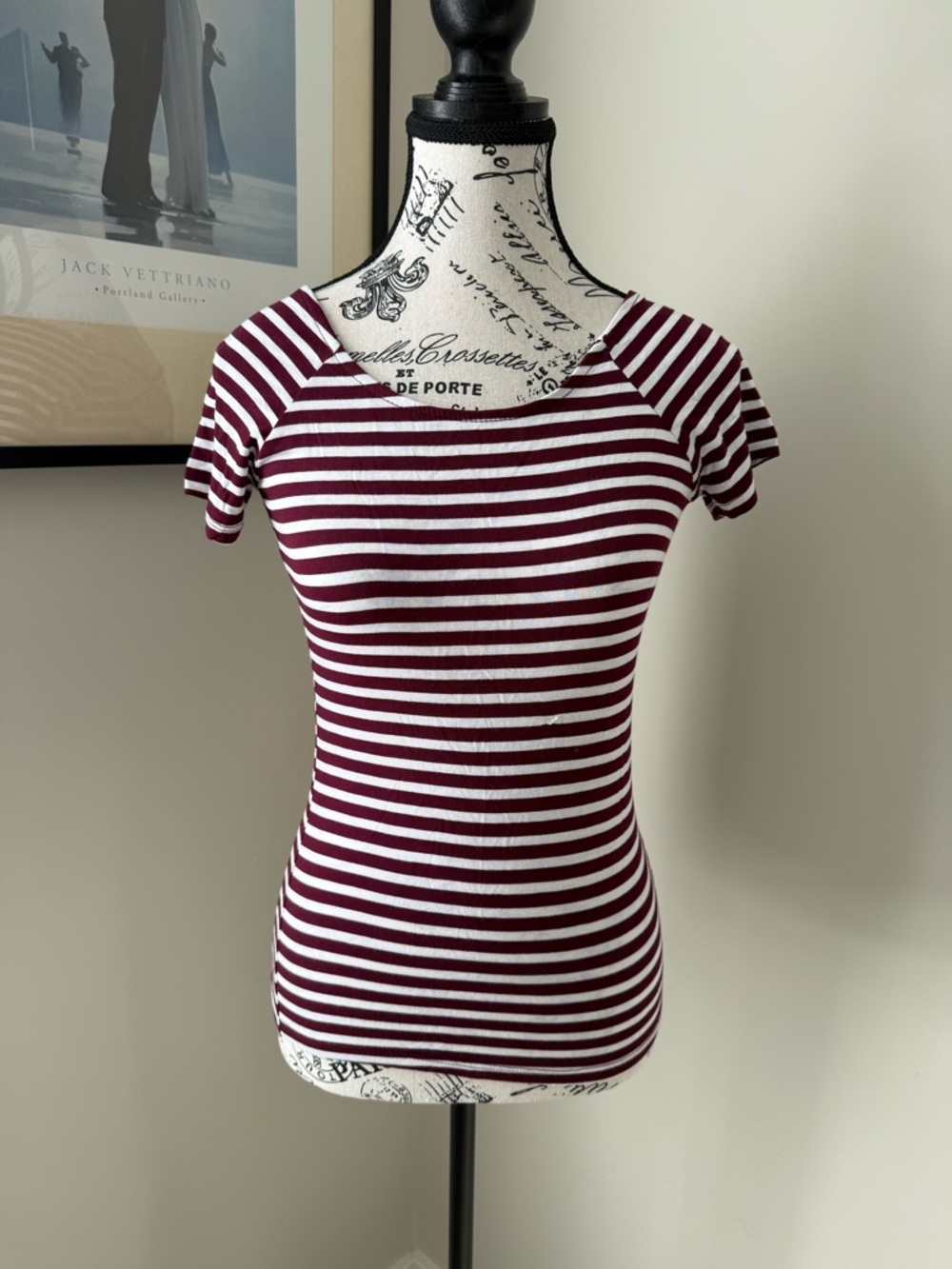 American Dream Striped Burgundy and White Women's Short Sleeve Top
